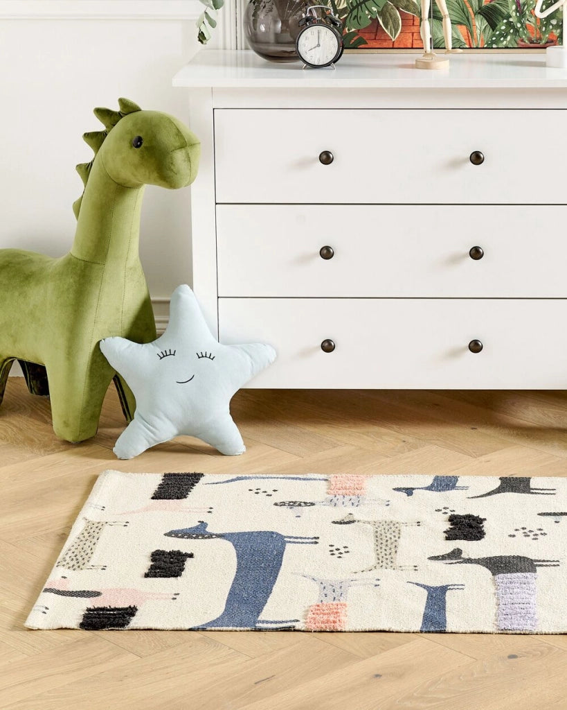 Tappeto per bambini in cotone con motivo con  cani 80 x 150 cm, tessuto a mano multicolore cameretta camera per bambini