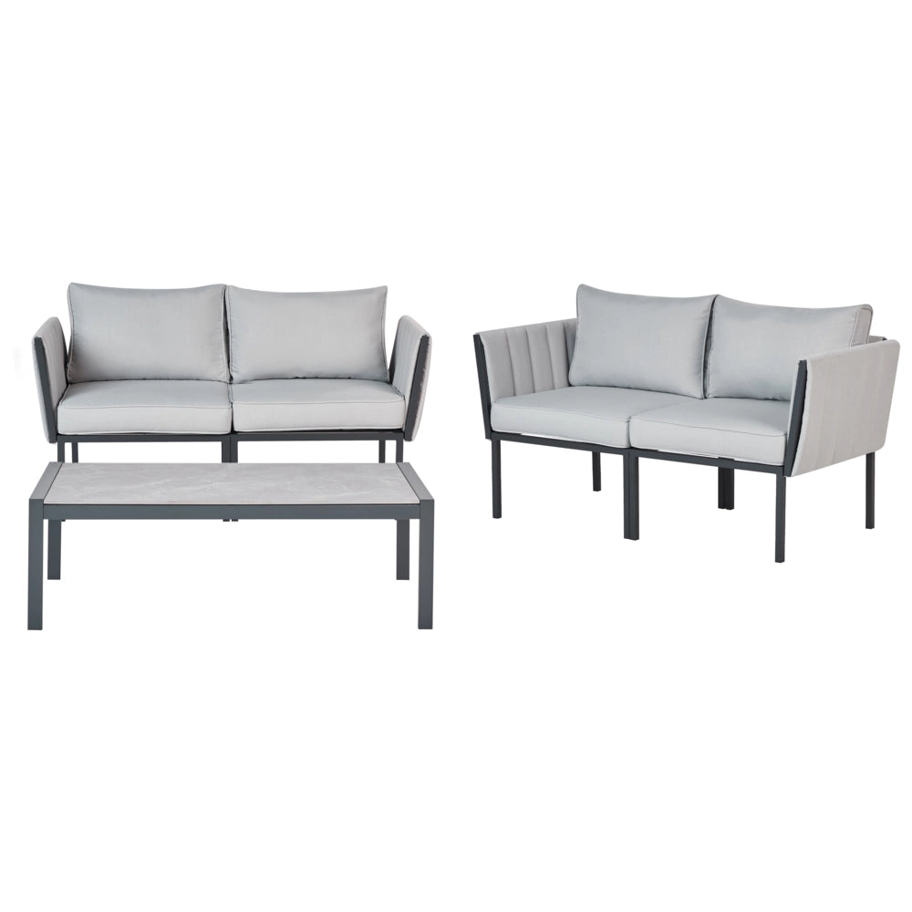 Set da giardino 5 posti con divano 2 poltrone grigio chiaro in acciaio con Cuscini