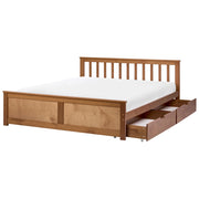 Letto matrimoniale in legno di Pino marrone con contenitore e 2 cassetti 140 x 200 cm Testiera a doghe minimalista