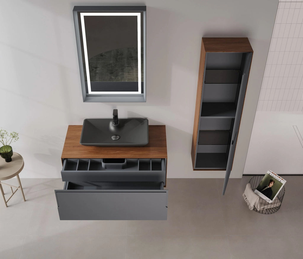 Set mobile lavabo con specchio (2 pezzi) "Craft 100" - 100 x 50 x 40 cm - Noce / Antracite