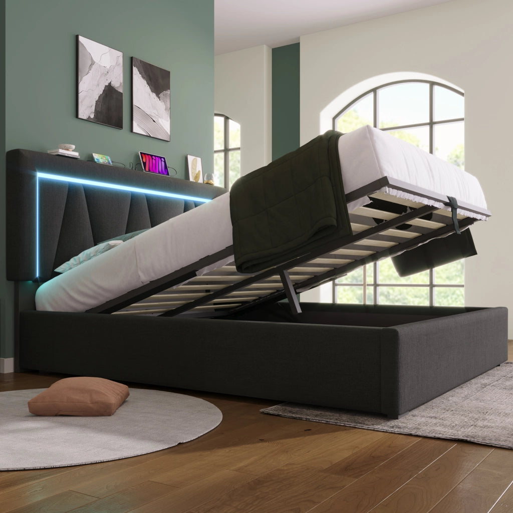 Letto 140x200 con LED, USB-C, contenitore e materasso H3