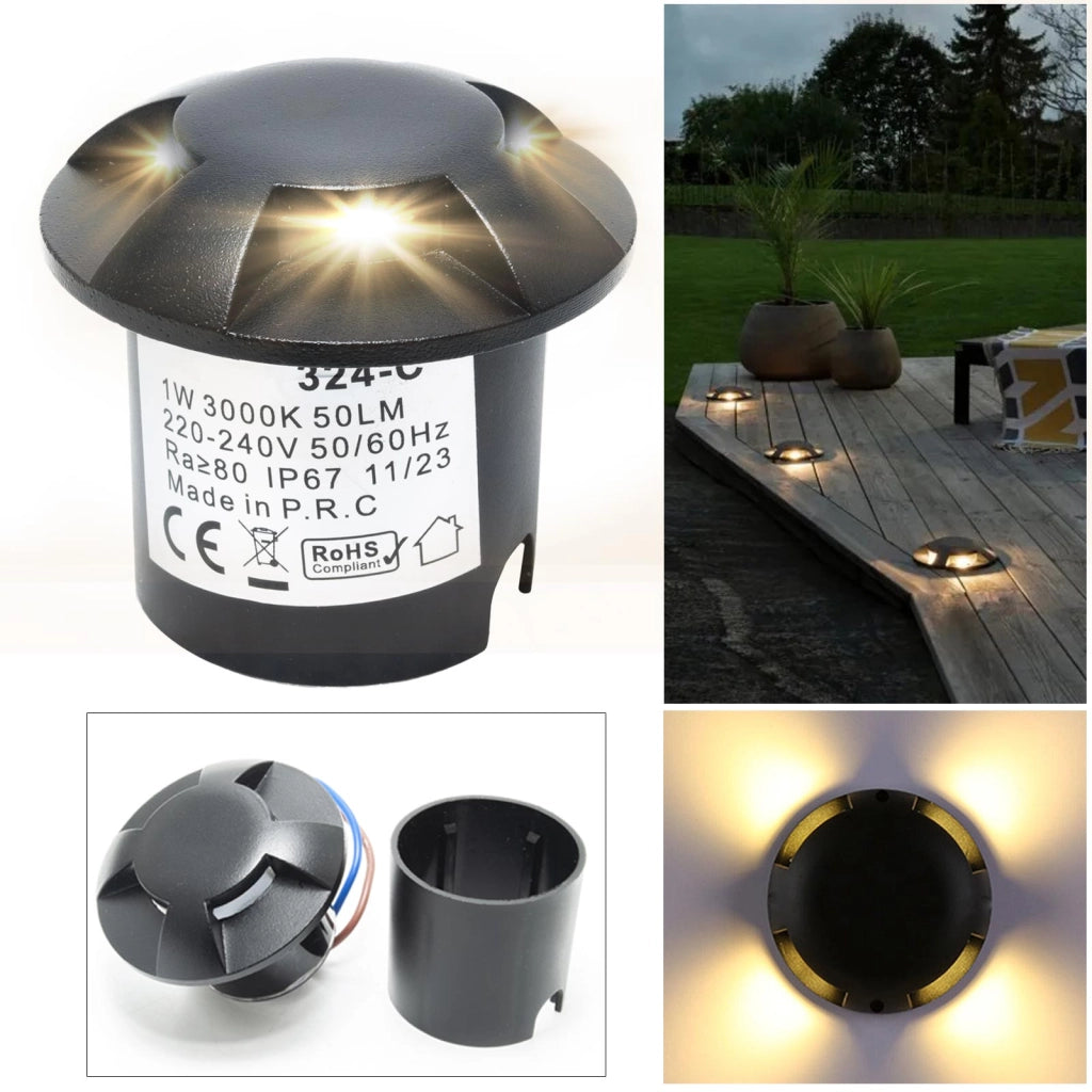 Mini faretto incasso calpestabile radente 4 finestre IP67 LED 1W basso consumo segnapassi nero luce giardino viale 230V 3000K