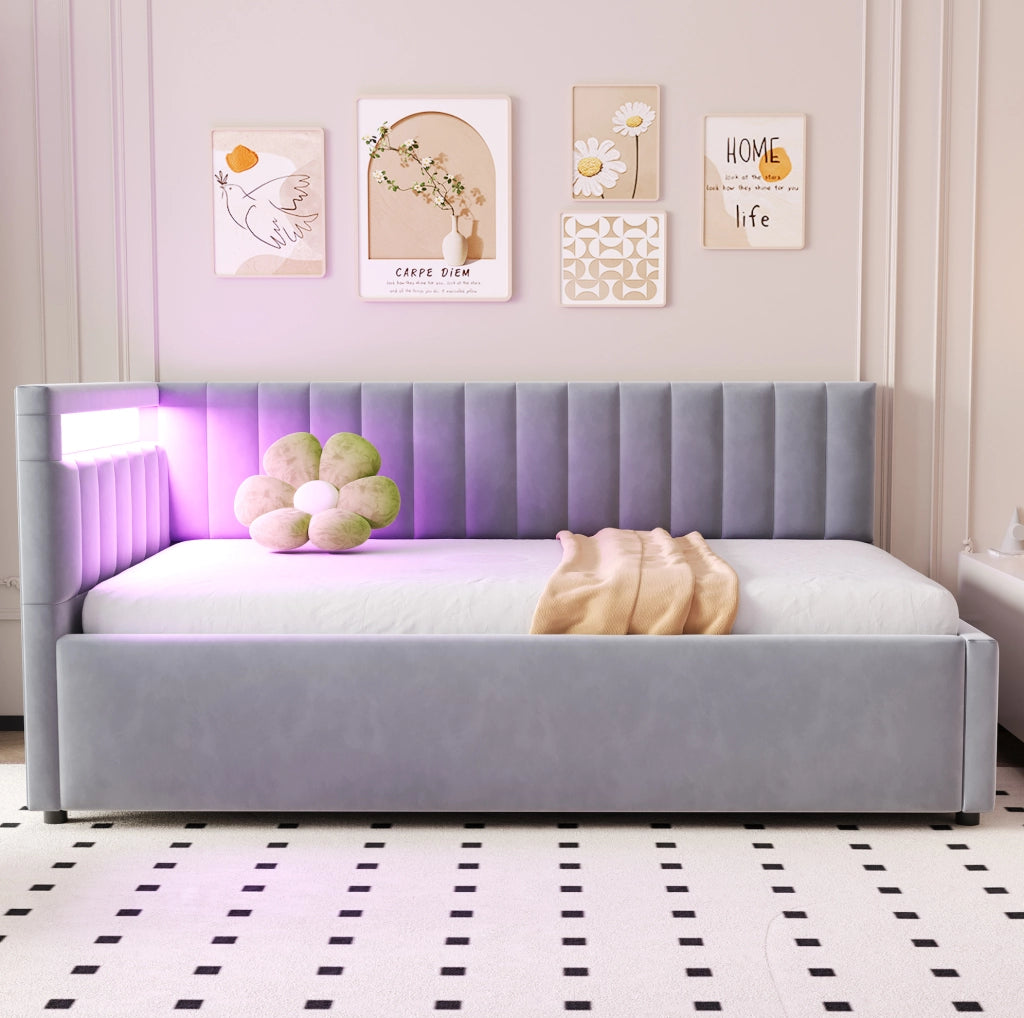 Letto singolo imbottito 90x200 cm in velluto grigio con LED e vano idraulico