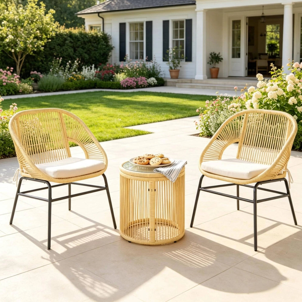 Set lounge da balcone 2 posti con tavolo rotondo in vetro temperato; beige