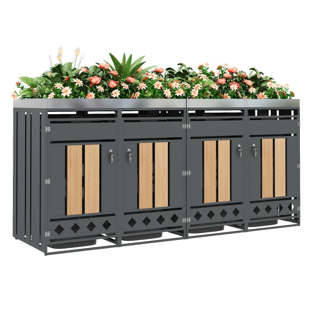 Copribidoni con Fioriera Integrata e 4 Scomparti con Serratura in Acciaio Grigio con Effetto Legno
