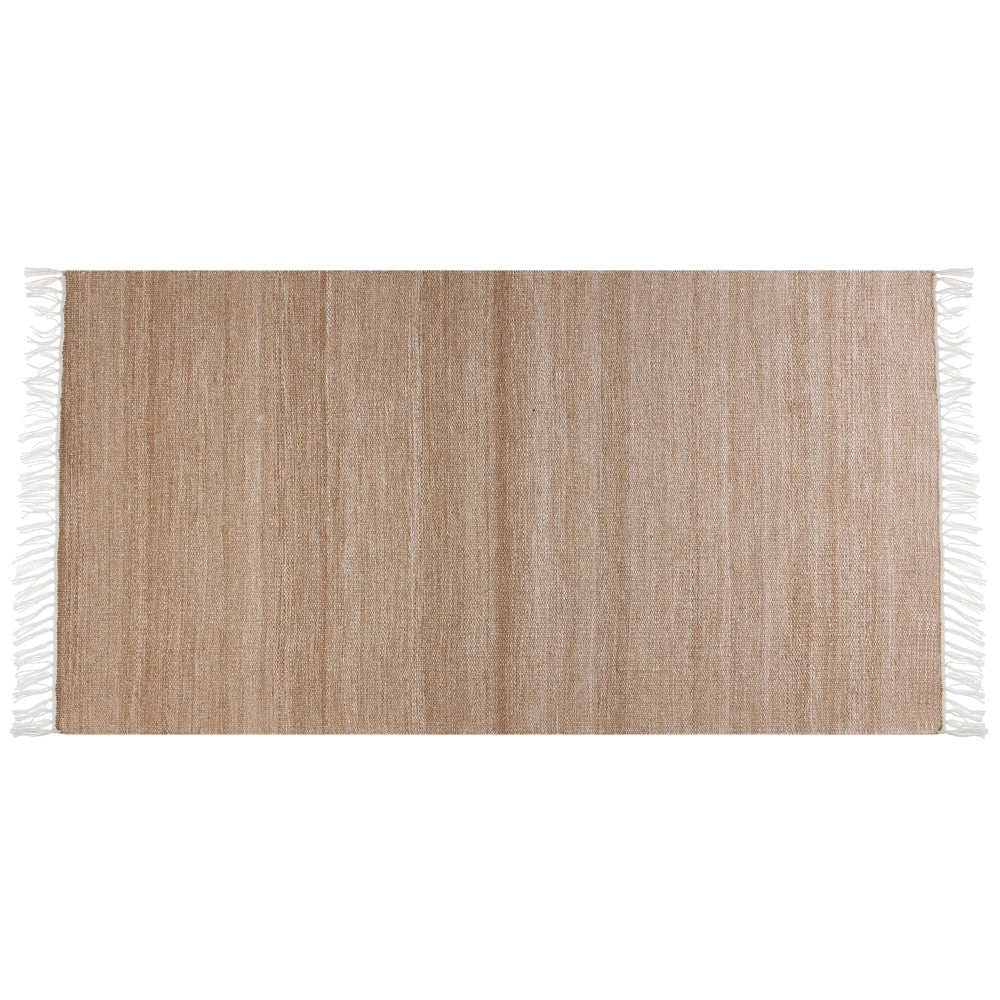 Tappeto in PET riciclato colore beige con frange 80 x 150 cm interno esterno