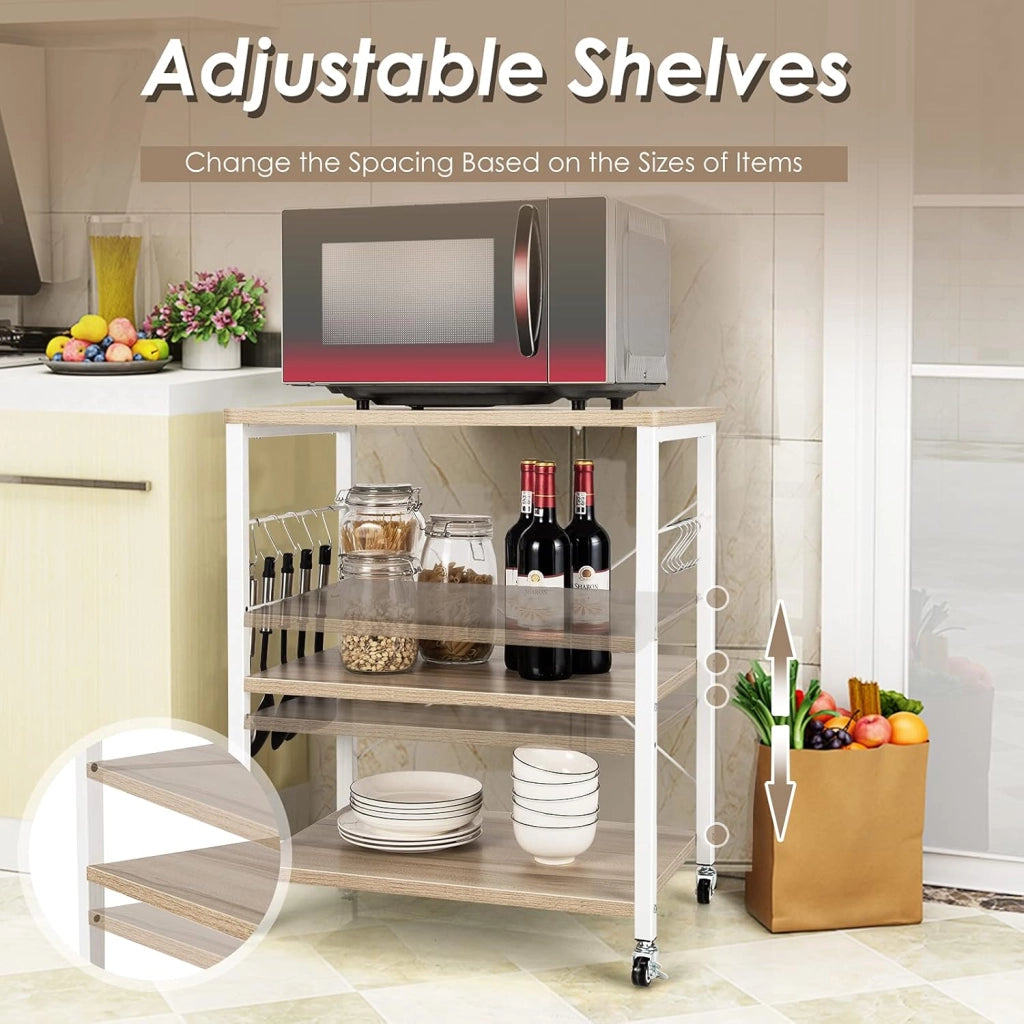 Carrello da Cucina a 3 Livelli con Ripiani Regolabili, Carrello Portaoggetti con 10 Ganci Rimovibili, per Supporto per Microonde, per Cucina e Sala da Pranzo, 60 x 40 x 73 cm (Beige)
