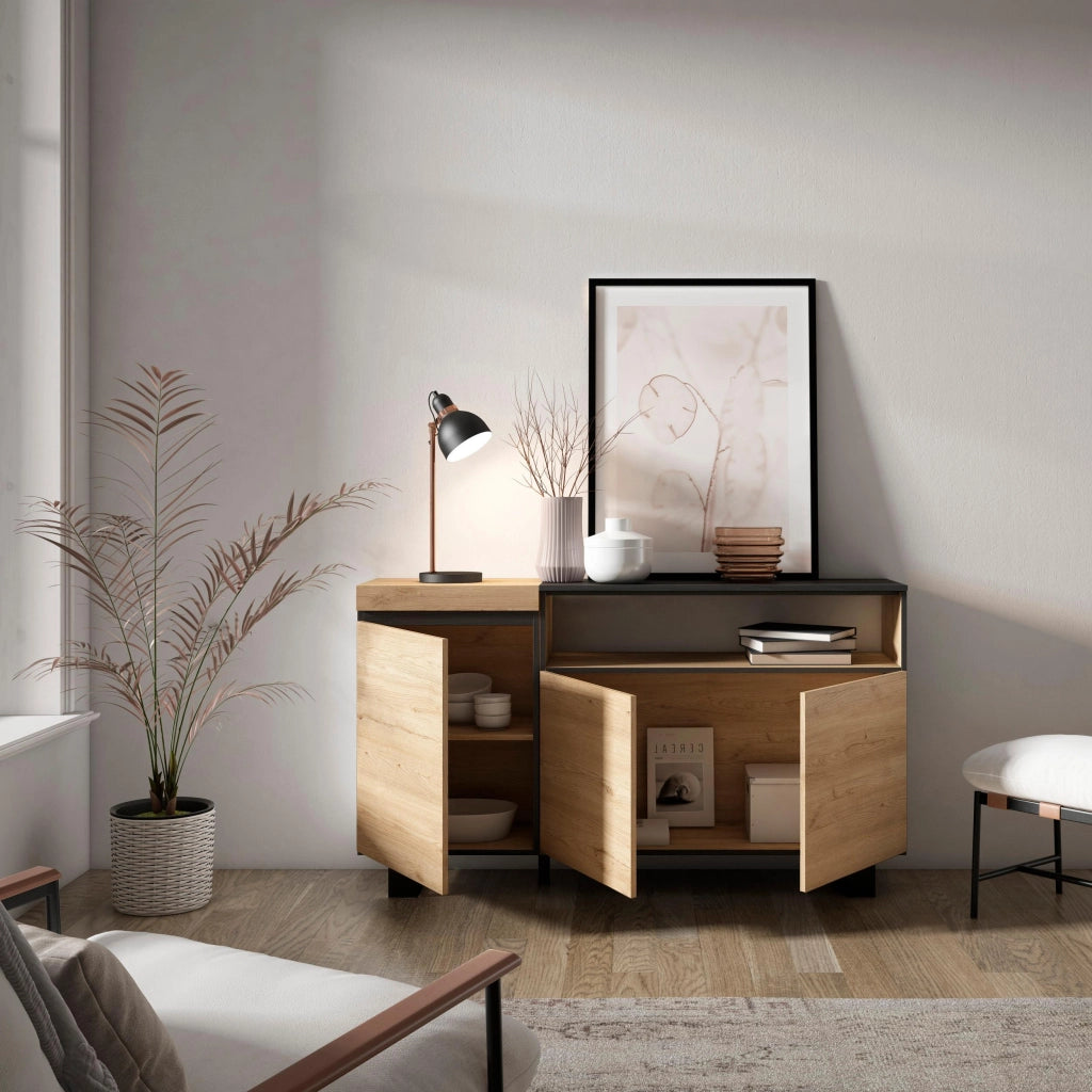 Credenza, Mobile, 150x35x87cm, 3 Porte, Design industriale, colore Rovere e nero RF2521