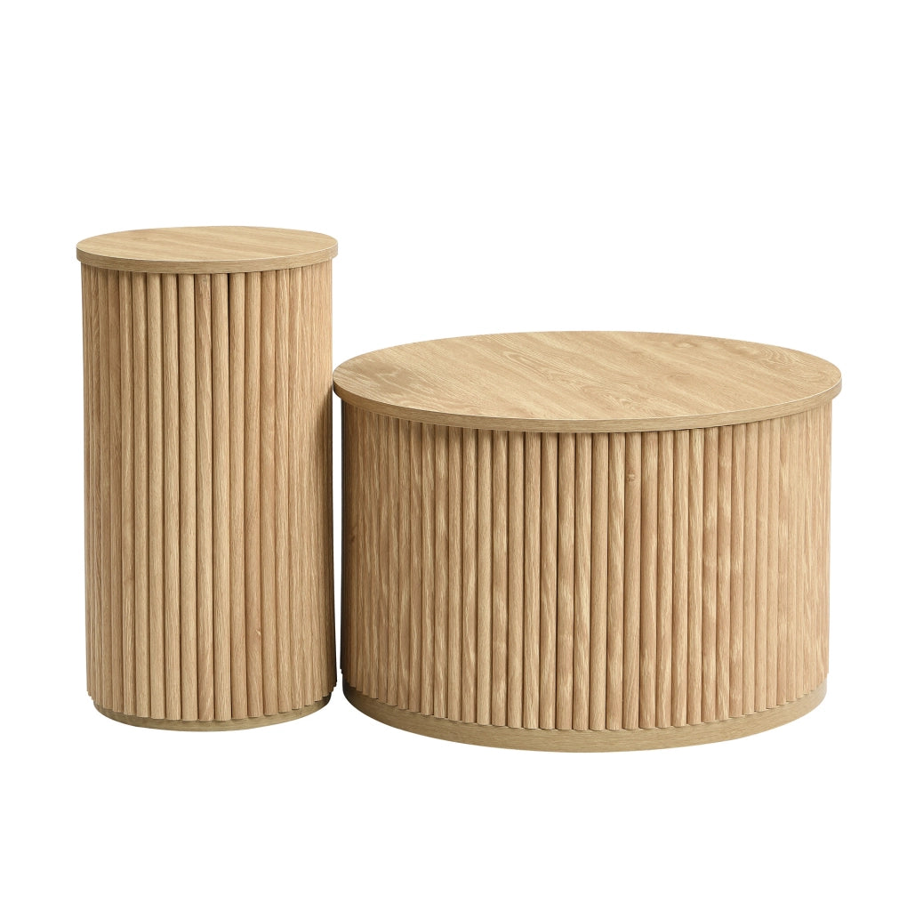Set di tavolini da caffè 60x60x38.5+30x30x56 cm con motivo a strisce verticali 3D in MDF naturale