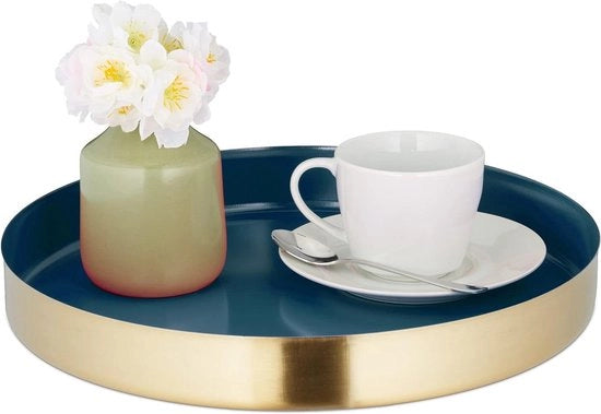 Piatto di servizio a forma rotonda con bordo alto per caffè e tè - Ø 32 cm - Piatto di servizio in acciaio inossidabile per candele - Verde e oro