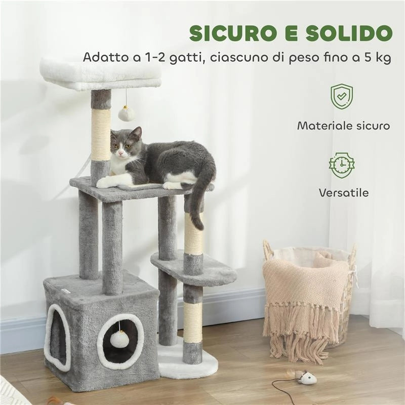 ALBERO TIRAGRAFFI PER GATTI CON CASETTA, LETTINO E 2 PALLINE, IN LEGNO E PELUCHE, 55X40X107 CM, GRIGIO E BIANCO