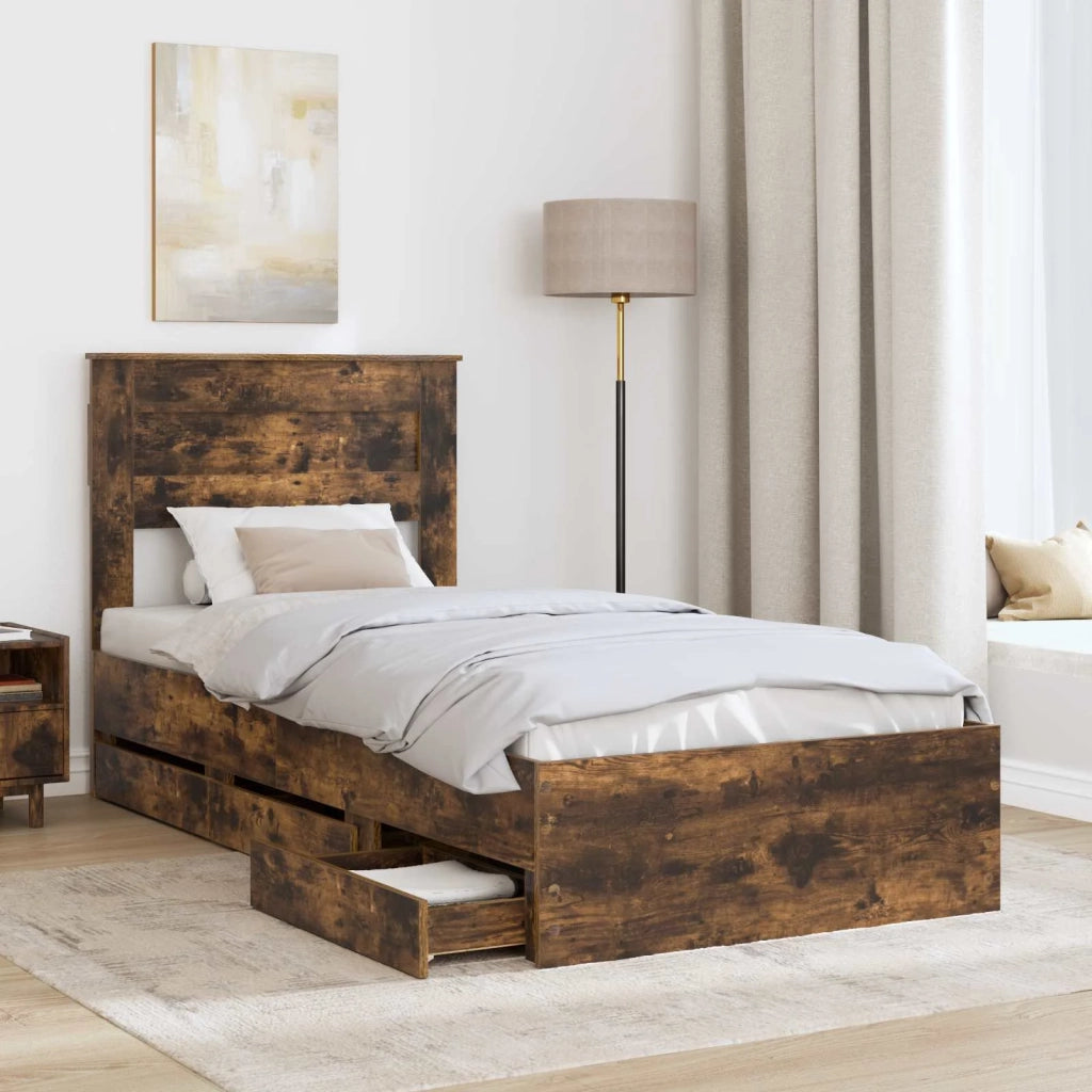 Letto singolo | Letto per adulti | Struttura del letto con cassetto Rovere fum¨¦ 75 x 190 cm