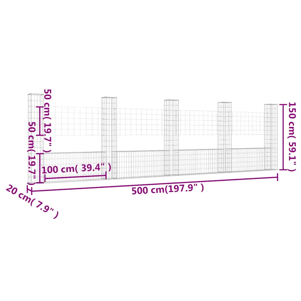Cesto Gabbione a U con 5 Pali in Ferro 500x20x150 cm 151285