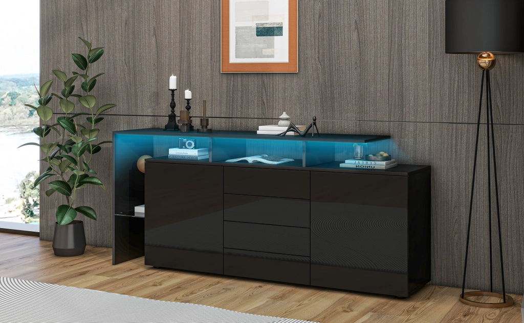 Comò Sideboard con LED, Mobile Soggiorno Nero Lucido, Credenza TV Highboard Multiuso