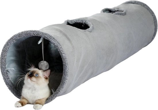 Tunnel per giocattoli interni con giocattoli per gatti - due aperture di osservazione - Ripiegabile (125x29cm)