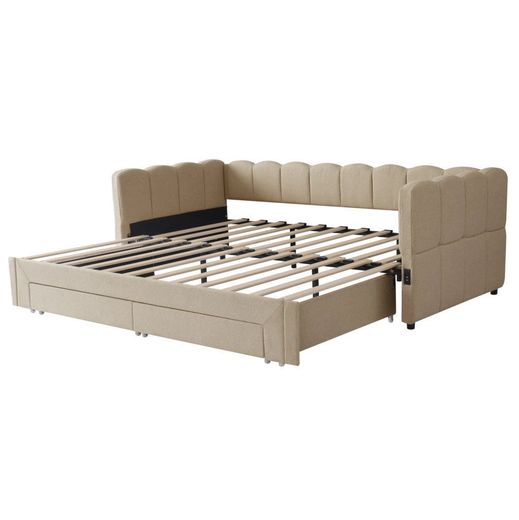 Daybett ausziehbar auf 180x200 cm mit 2 Schubladen; USB- und Typ-C-Anschluss; Chenille beige
