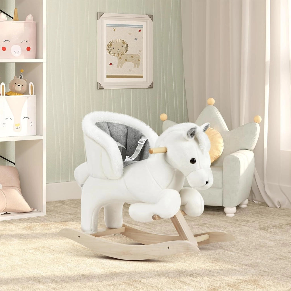 Cavallo a Dondolo in Legno Cavalluccio per Bambini Peluche Giocattolo Cavalcabile con Suoni e Cintura di Sicurezza Regalo Bimbi 1/2/3 Anni, Bianco e Grigio