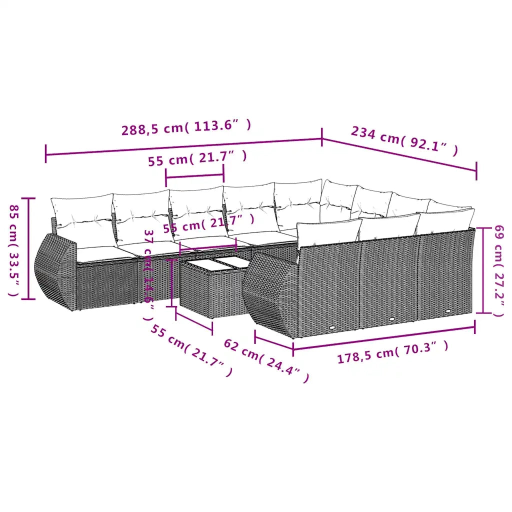 Set Divani da Giardino 11 pz con Cuscini Polyrattan Marrone 3221902
