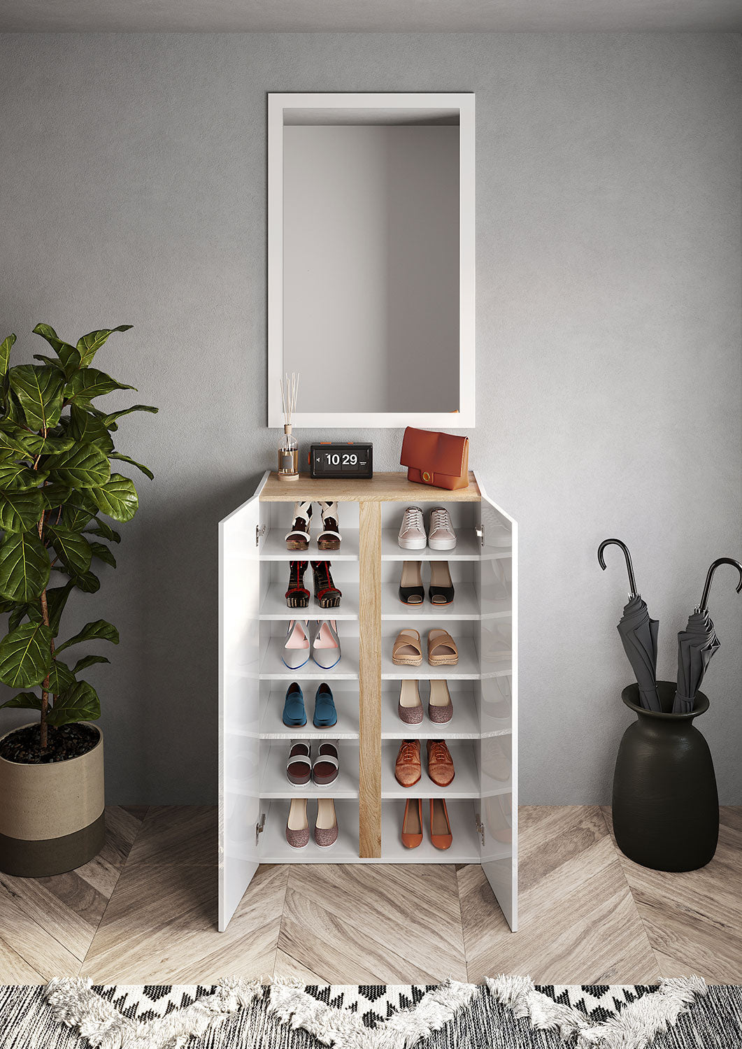 Mobile Multiuso 2 Ante con 5 Ripiani 70x35x111 cm Frame Bianco Lucido e Cadiz