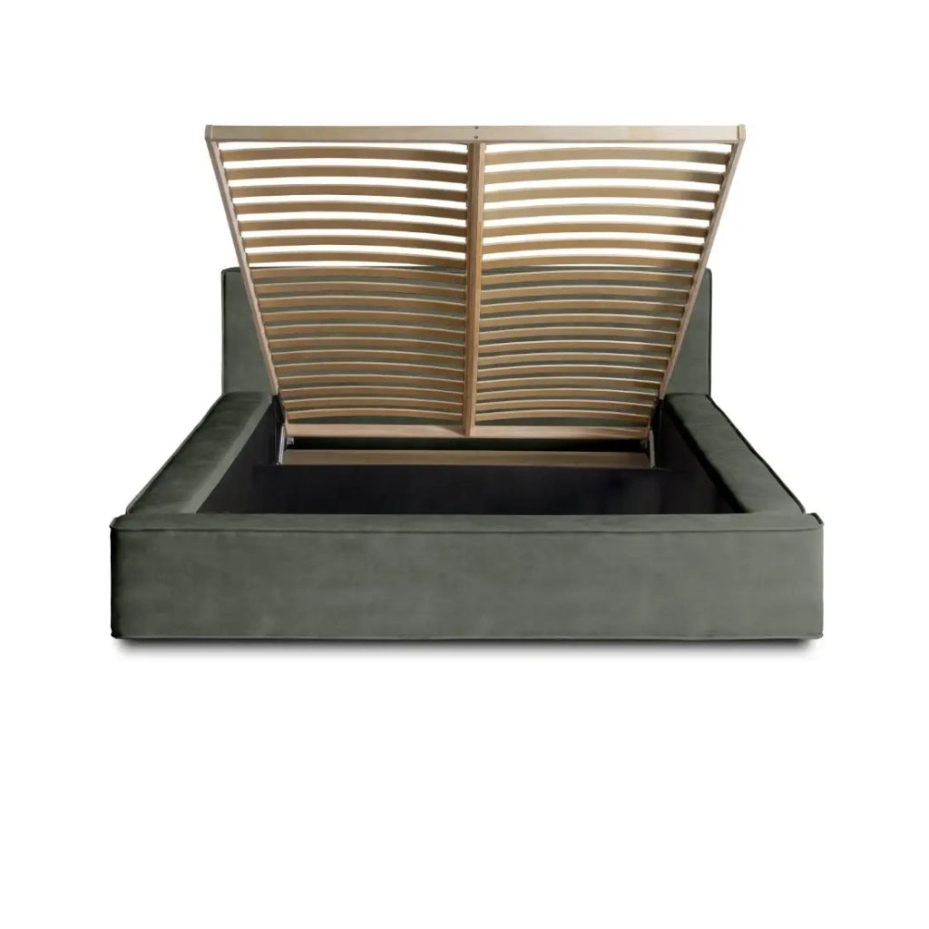 Letto contenitore VELORA – Verde abete – 140x200 cm – Tessuto velluto morbido – Rete sollevabile – Spazio di stoccaggio integrato