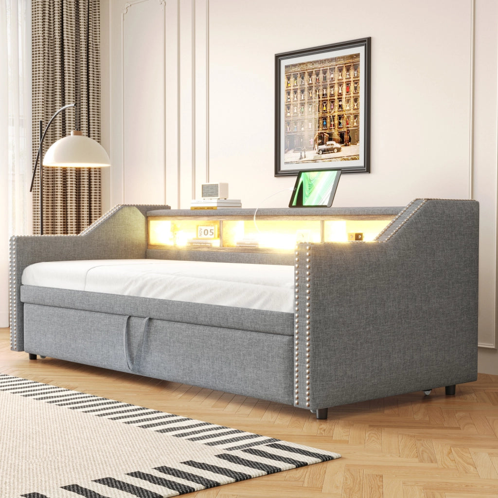 Divano letto estraibile ULEVR 90/180x190 cm con LED, USB e 3 vani laterali, grigio chiaro