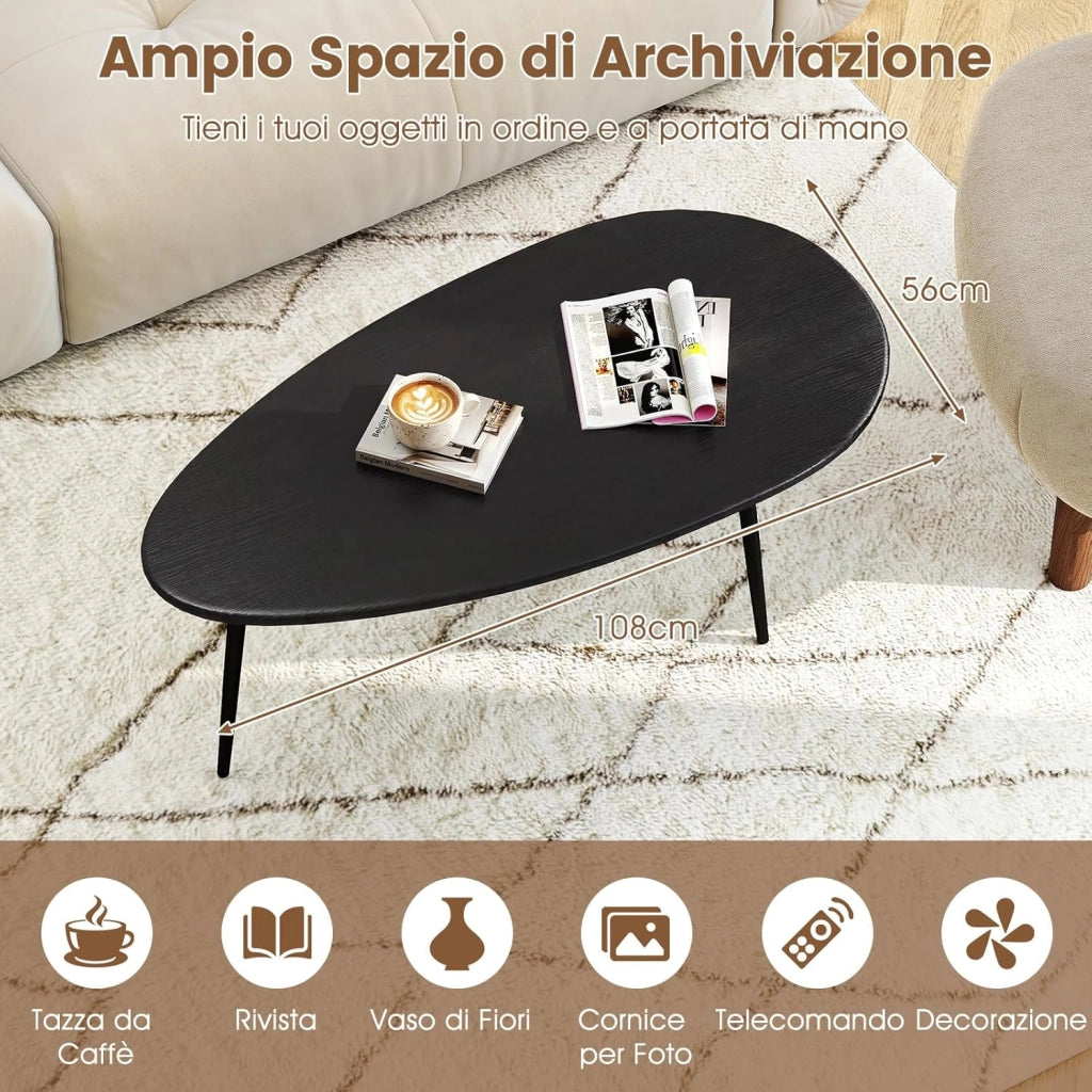 Tavolino da Salotto Ovale, Tavolino da Caffè con Struttura Metallica Robusta e Design Compatto, Tavolo Basso per Soggiorno, Ufficio e Lounge (Nero)