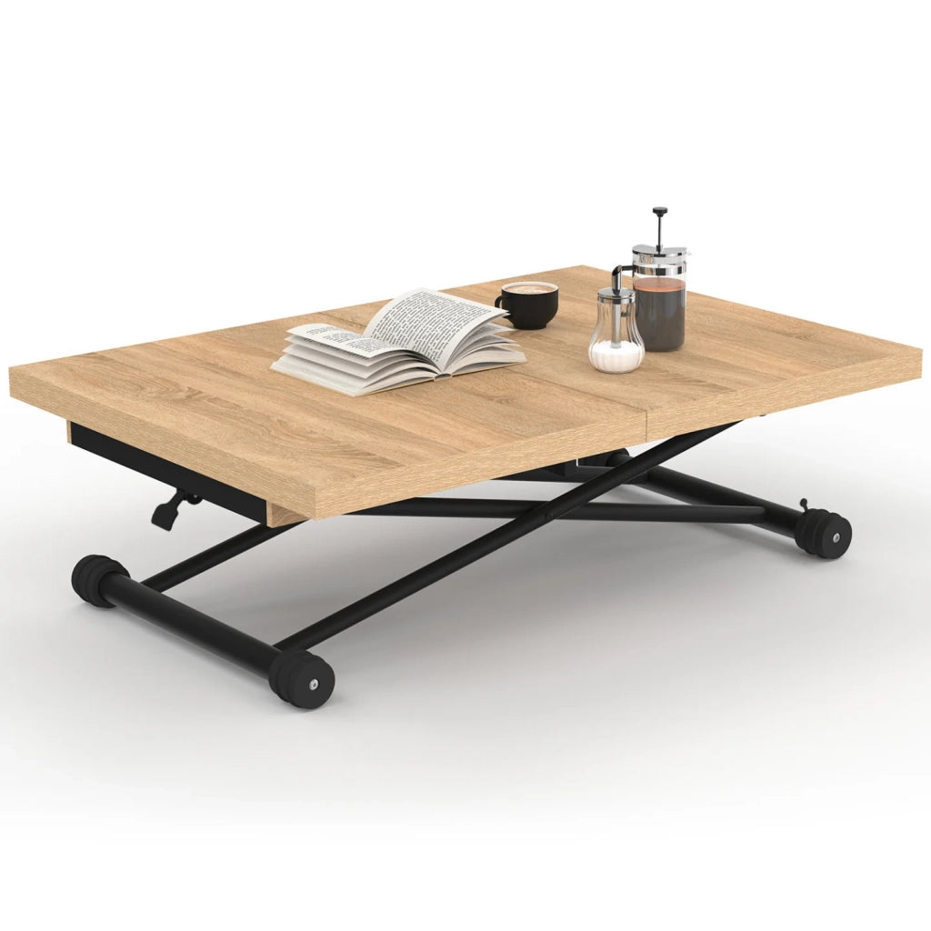 IDMarket - Tavolino di design industriale in legno e nero ALTURA, allungabile e trasformabile in tavolo da pranzo rettangolare