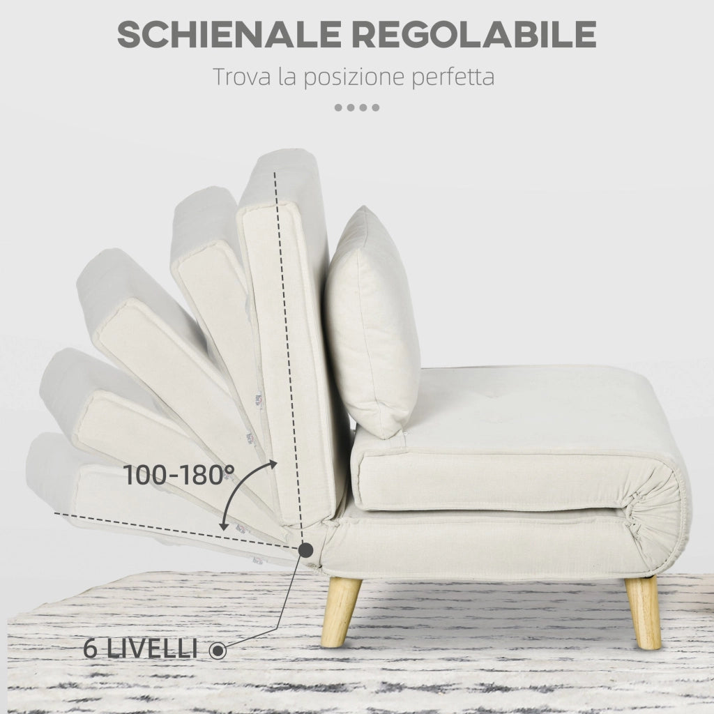 Poltrona Letto Singolo Reclinabile 72x78x79 cm con Cuscino in Tessuto Effetto Lino Beige