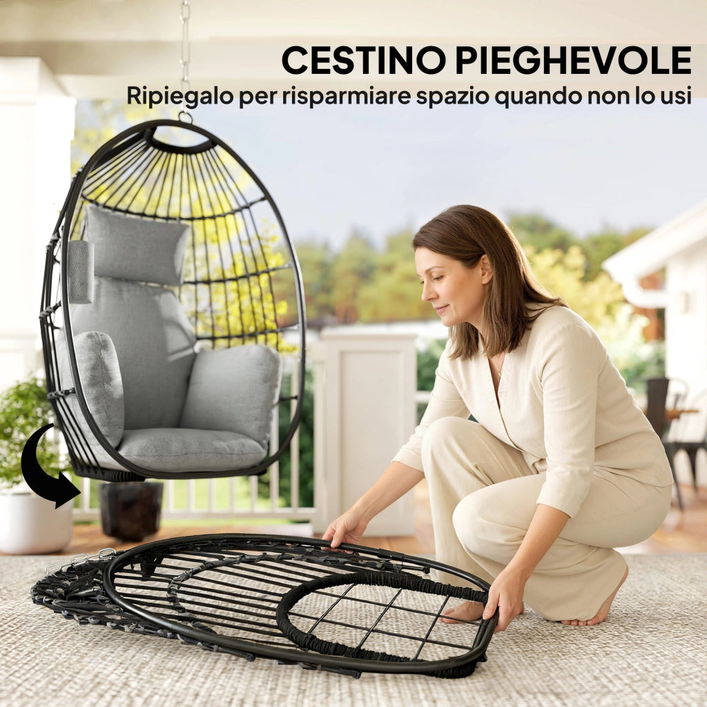 Poltrona Sospesa a Uovo con Gancio, Cuscino e Poggiatesta, in Acciaio e Poliestere, 75x62x107 cm, Grigio