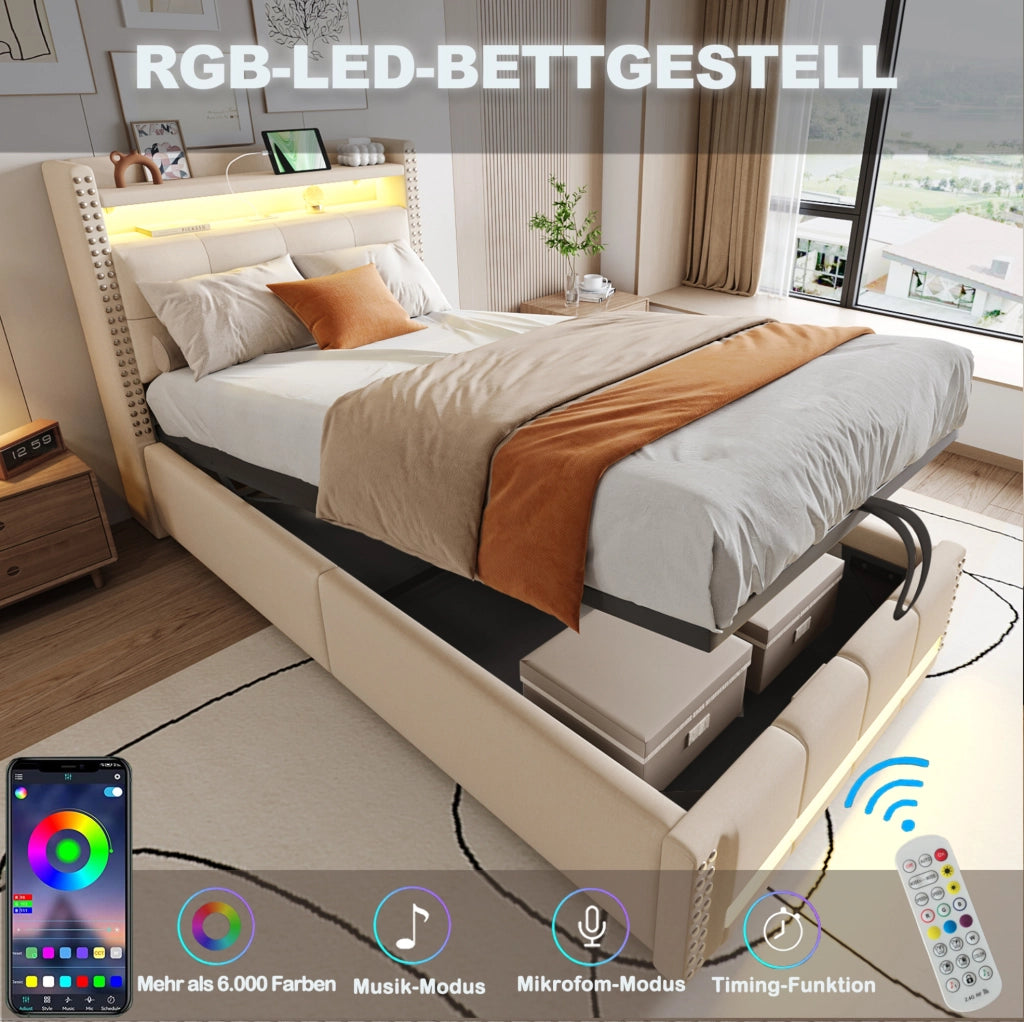 Letto imbottito 90 x 200 cm beige con LED, USB e contenitore