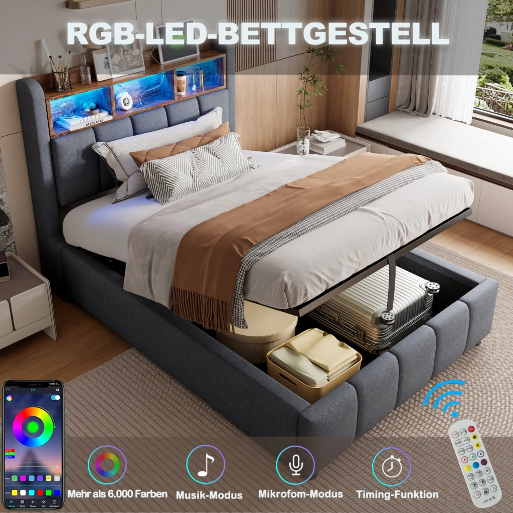 Letto imbottito 90x200 cm grigio con LED, USB e materasso