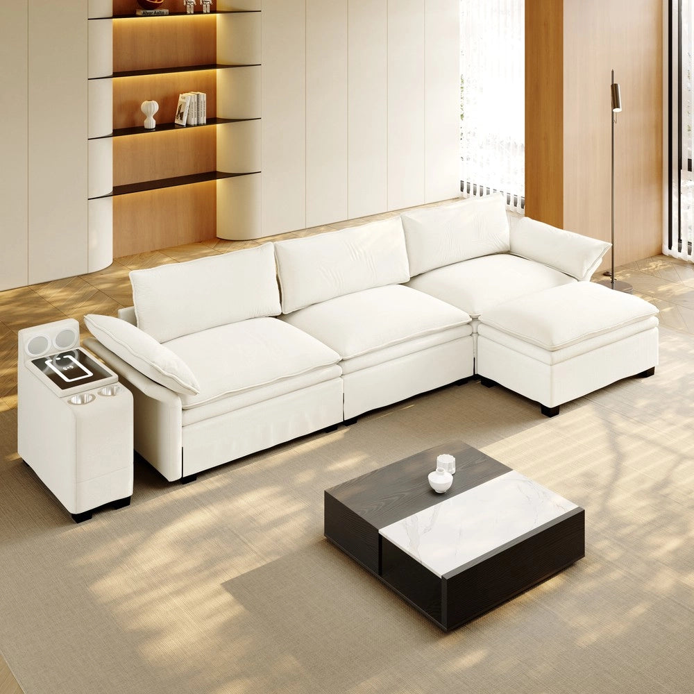 Divano Angolare Modulare con Contenitore, Portabicchieri e Ricarica Wireless ¨C Xylo ¨C Chenille Beige/Bianco 315cm
