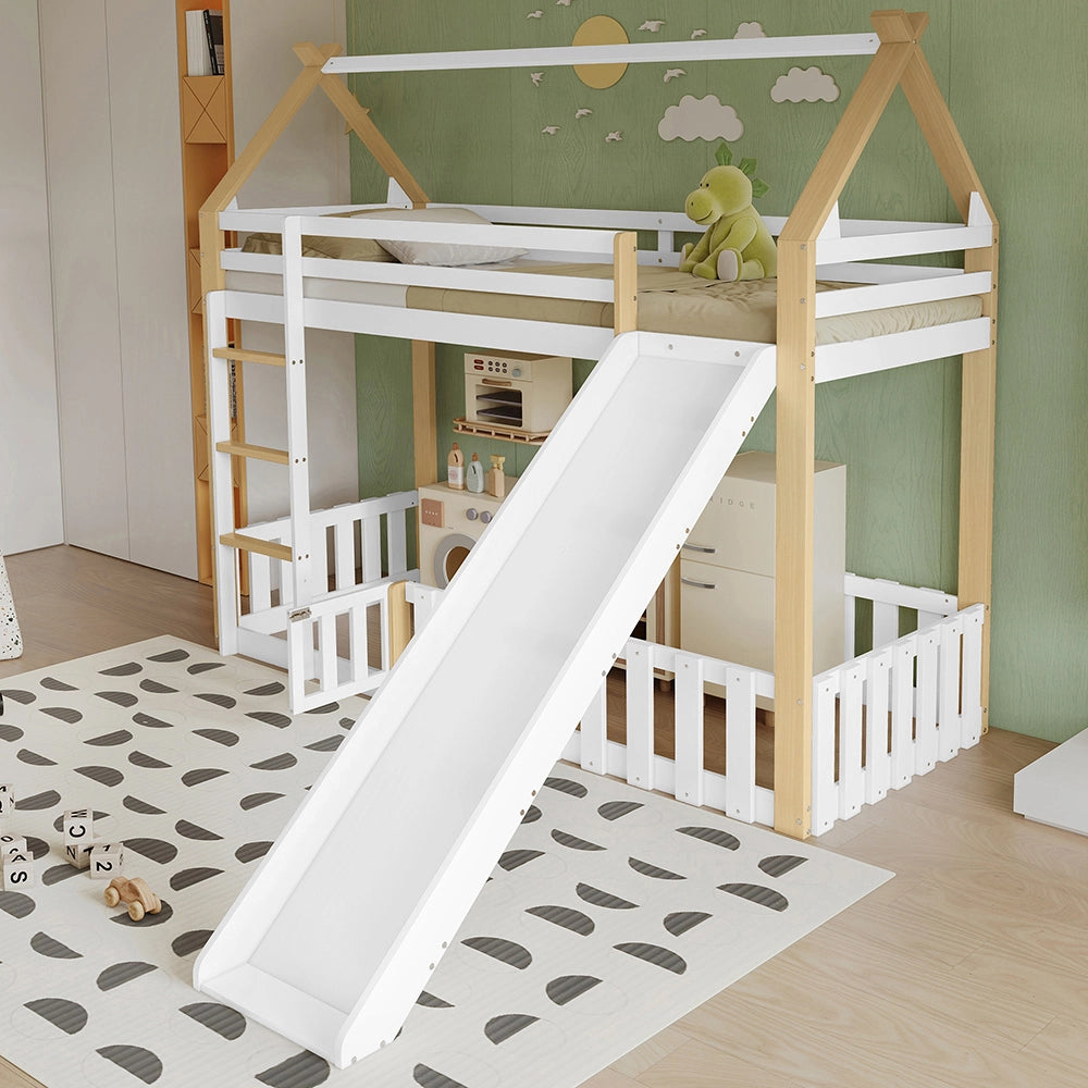 Letto a castello-Xylo-90x200cm, tetto, scivolo, scala, bianco+naturale