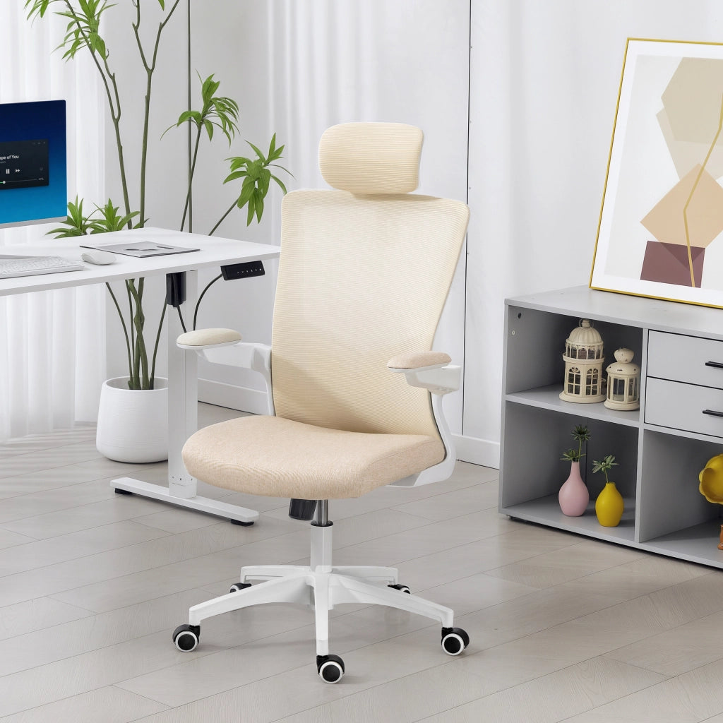 Sedia da ufficio ergonomica ¨C zephmum ¨C beige, braccioli reclinabili, supporto lombare, 60x63x120cm