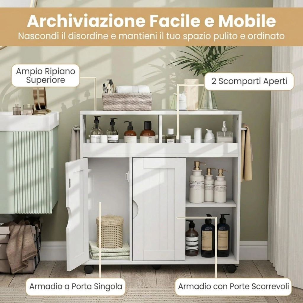 Mobile Bagno con Ruote, Mobiletto Laterale con Ripiano Regolabile, Porta Asciugamani e Ruote, Mobile Indipendente a Terra per Soggiorno, Cucina e Ingresso, 75 x 20 x 72 cm