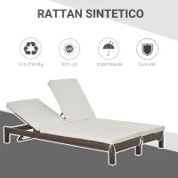 Lettino Prendisole a 2 Posti, Sdraio in Acciaio e Rattan, Schienale Regolabile, 196 x 120 x 28cm Marrone e Bianco Crema