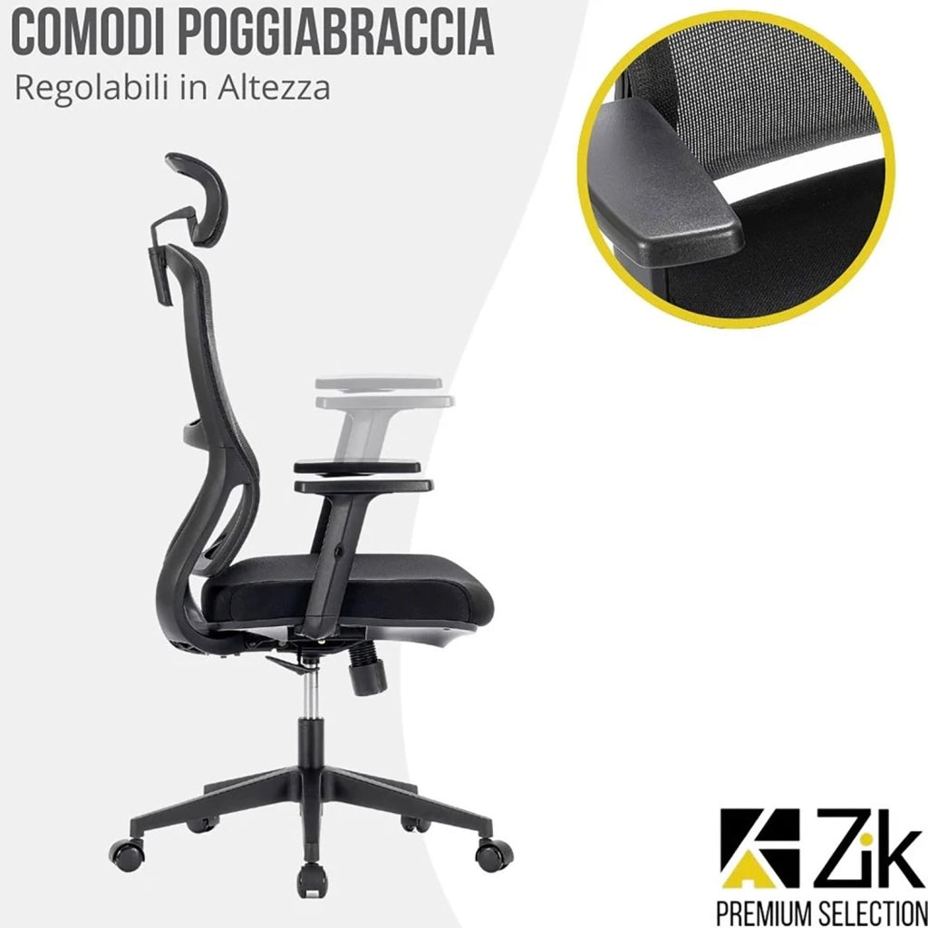 Sedia Direzionale da Ufficio 62x64x118/133 cm Ergonomica con Poggiabraccia Regolabili Nera