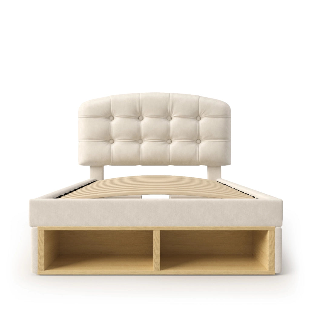 Letto Singolo 90x200 Imbottito in Velluto Beige con Cassetti e Contenitore; Testiera Regolabile