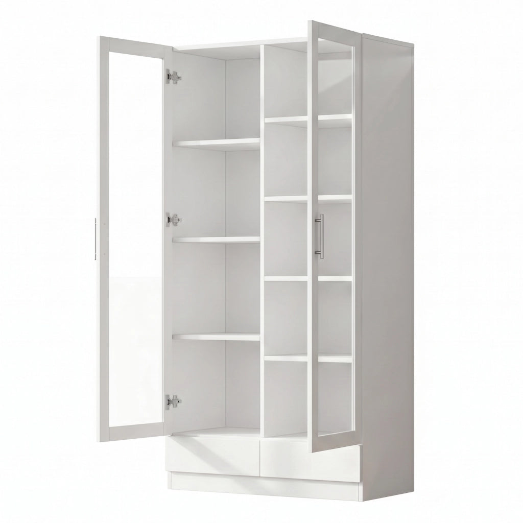 Armadio vetrina bianco con 2 cassetti, ripiani regolabili e vetri temperati, 160x40x80 cm
