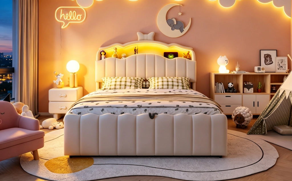 Letto per bambini 140 × 200 cm con contenitore idraulico, luci LED a colori, USB e USB-C, velluto beige, senza materasso