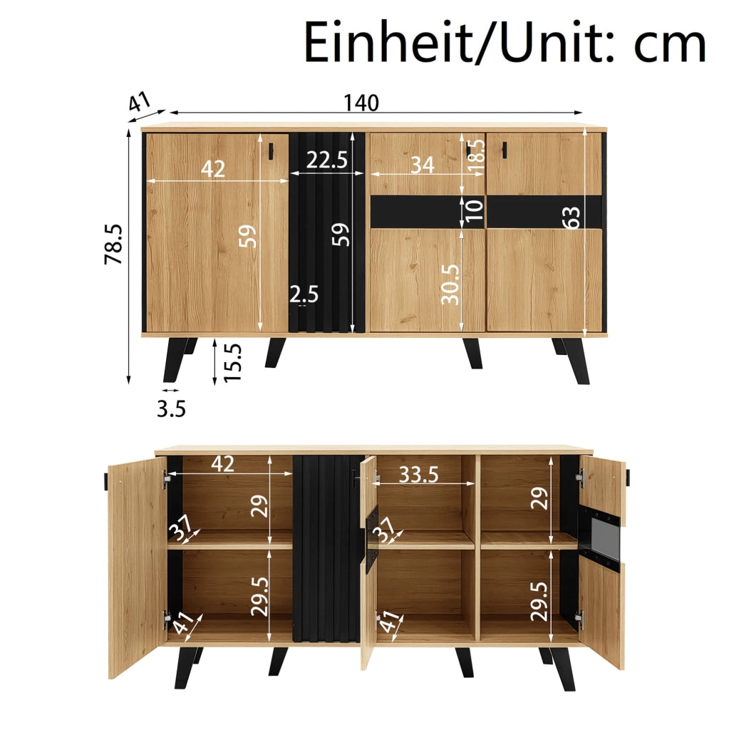 Sideboard 140x78,5x41 cm in legno e nero con ante, LED e ripiani interni