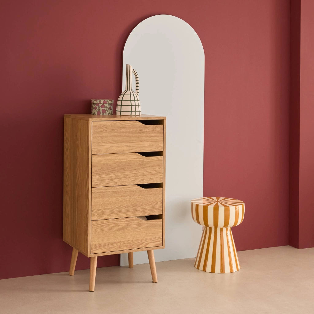 Cassettiera decorata in legno con 4 cassetti, marrone naturale