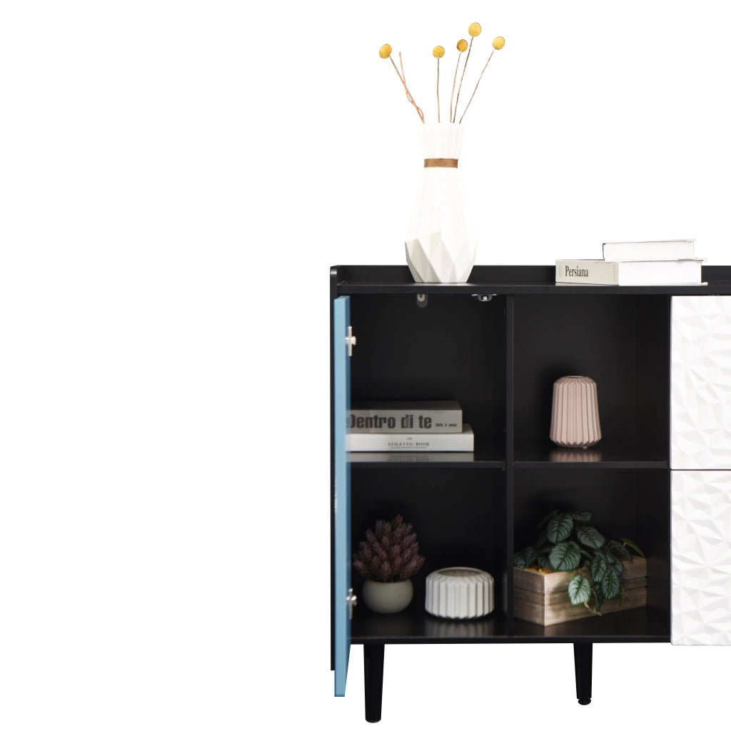 Credenza con 2 cassetti e vano aperto in MDF nero e blu per soggiorno e sala da pranzo 40 × 90 × 80 cm