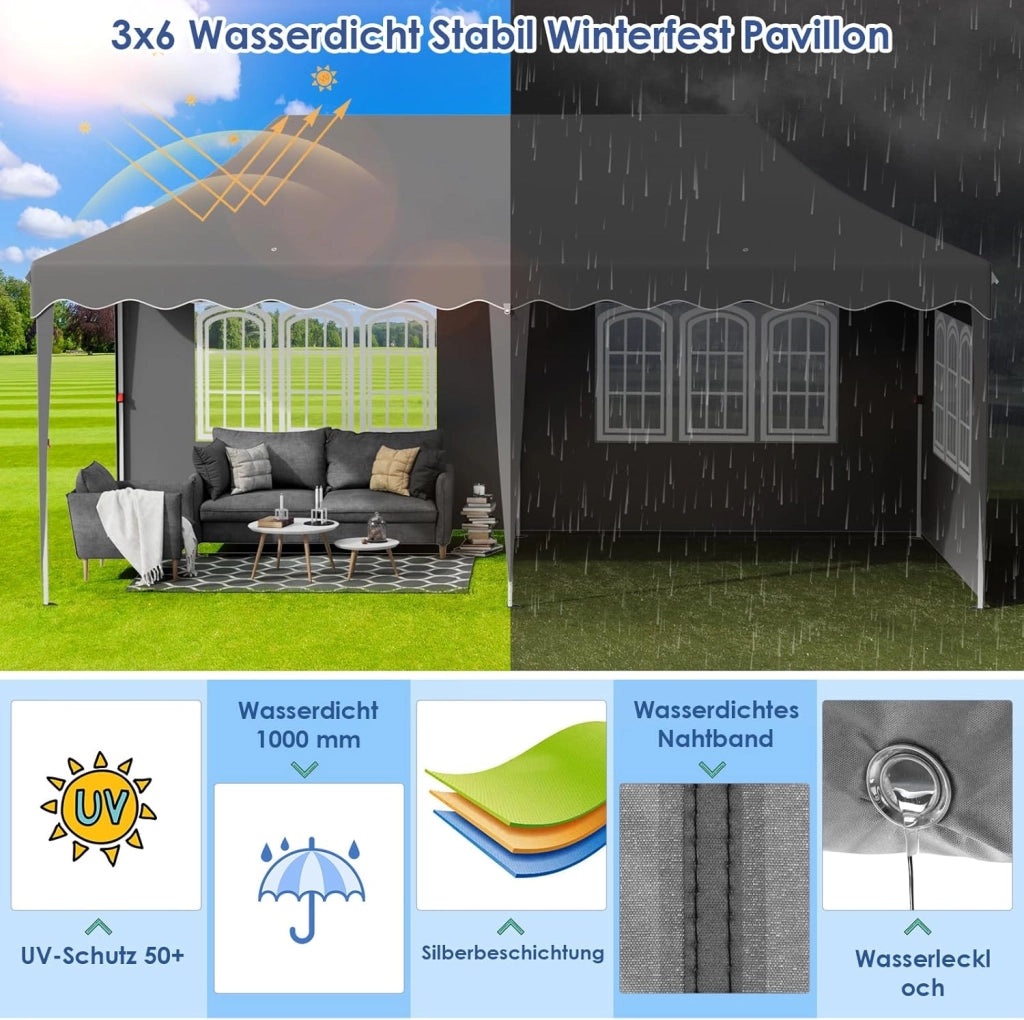 Gazebo 3x6 Pieghevole Impermeabile Esterno Con 6 Pareti Laterali, Tenda Protezione UV 50+, 12 Chiodi Rettificati e 6 Corde - Per Campeggio/Matrimoni, Grigio