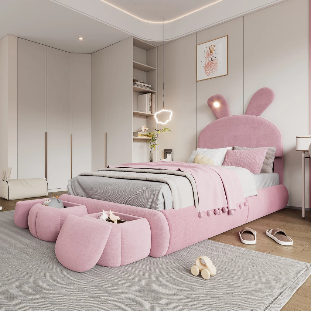 DESMIU Letto singolo 1 posto con LED regolabile e 2 pouf contenitore, 90 × 200 cm, senza materasso
