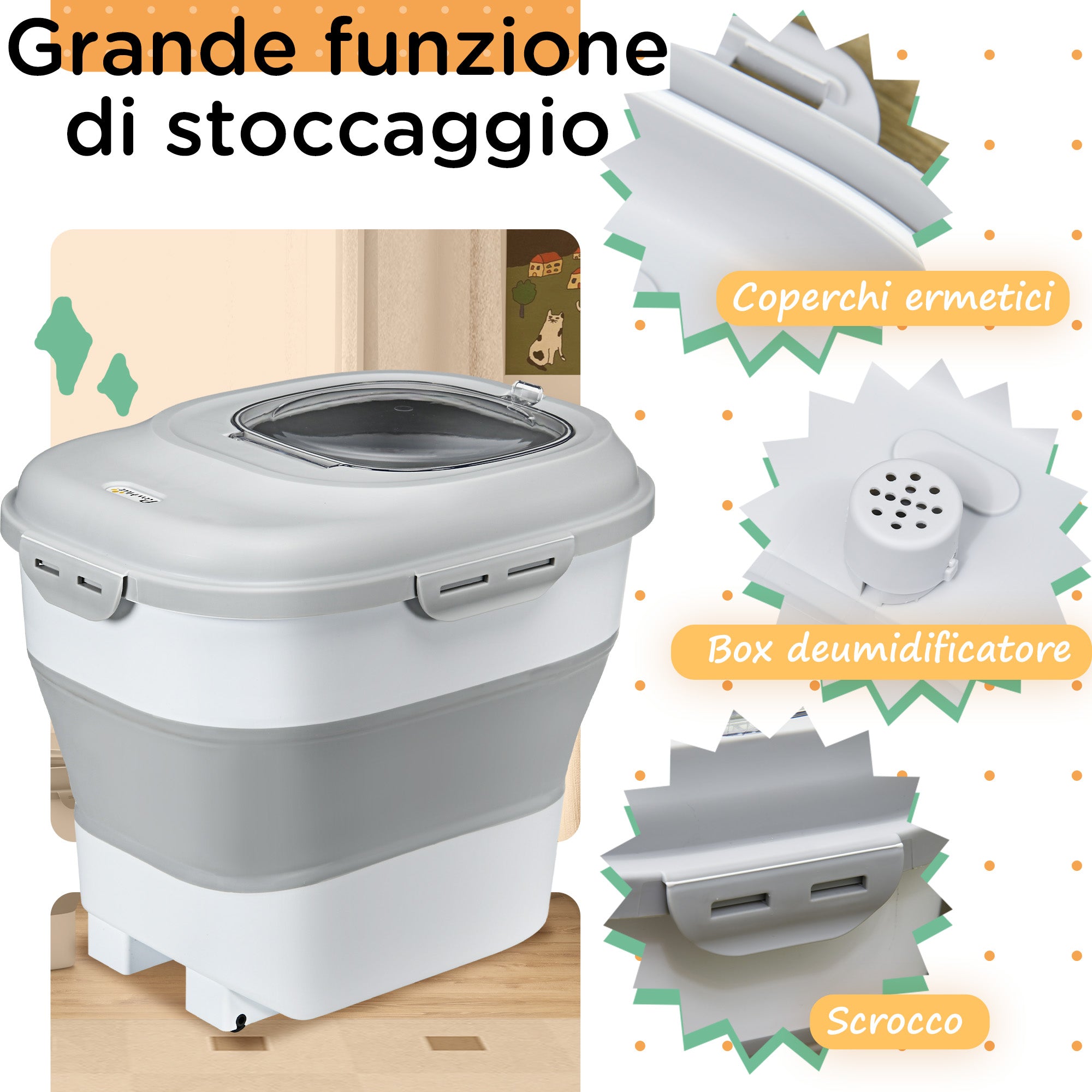 Contenitore Crocchette Cani Ermetico 5-25L con Ruote e Deumidificatore Grigio