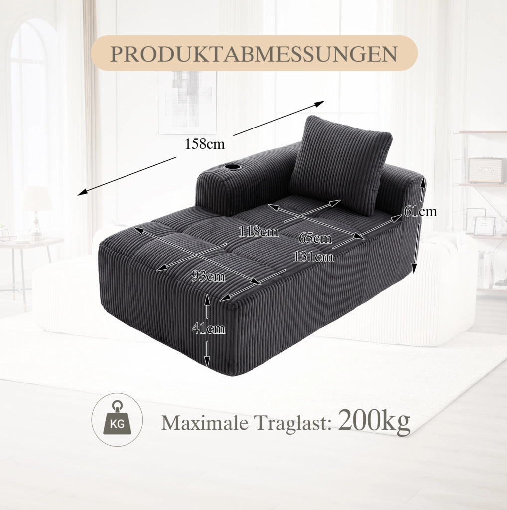 Divano compatto in corduroy con tasche laterali e portabicchieri; 158x93x61 cm; grigio scuro