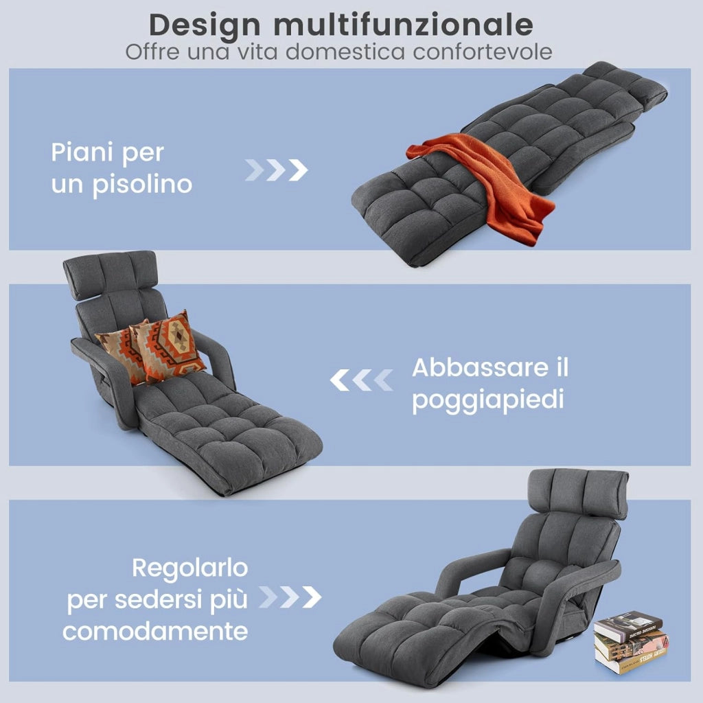 Poltrona Salotto da Terra, Sedie Pieghevoli Imbottita Chaise Longue Reclinabile in 5 Posizioni, con Regolabili Braccioli Schienale, per Yoga Relax Meditazione, 195x73x19 cm (Grigio scuro)