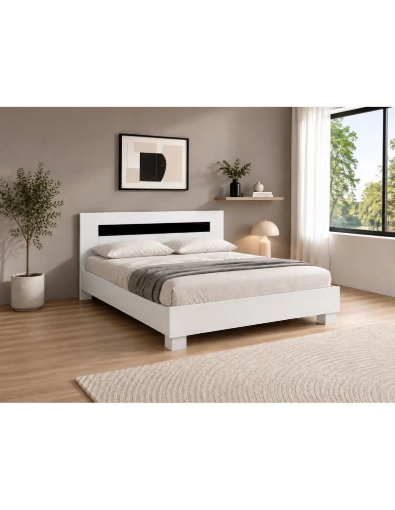 Set letto matrimoniale DUBLIN 140x190cm con 2 comodini - Bianco e nero lucido