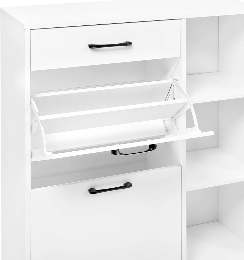 Scarpiera a Ribalta, Scarpiera da Ingresso con Ripiani Aperti, Porta Scarpe con Cassetto, Organizer per Scarpe, Stivali, in Legno, Bianco, 80,2x30x90 cm